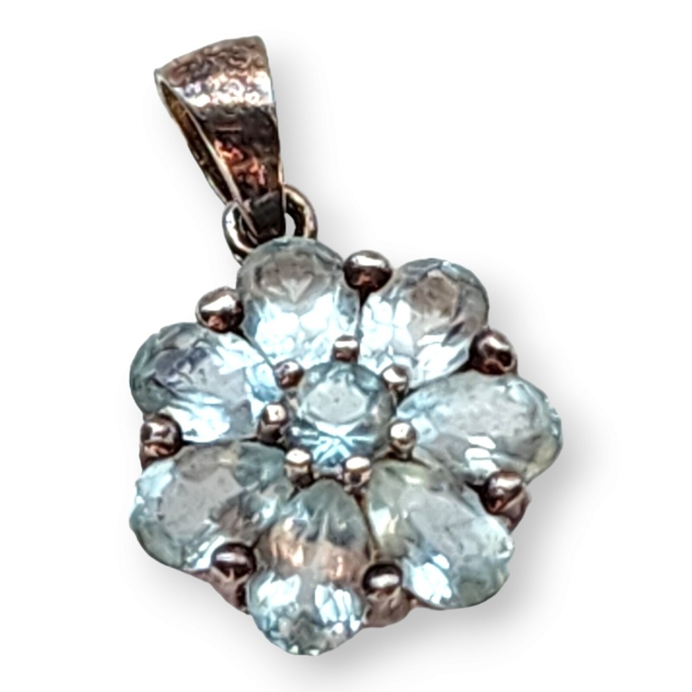 Vintage Blue Topaz Flower Pendant Sterling Silver 925 Blue‎ Faceted Petal